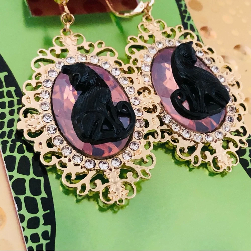 Authentic Betsey Johnson Earrings - Black Cat Gold Filigree Rhinestone Goth NWT